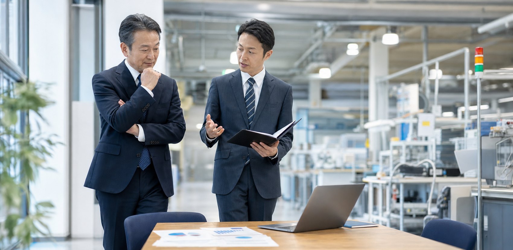つくば市周辺の製造業オーナーとM&Aアドバイザーが承継資料を確認する様子