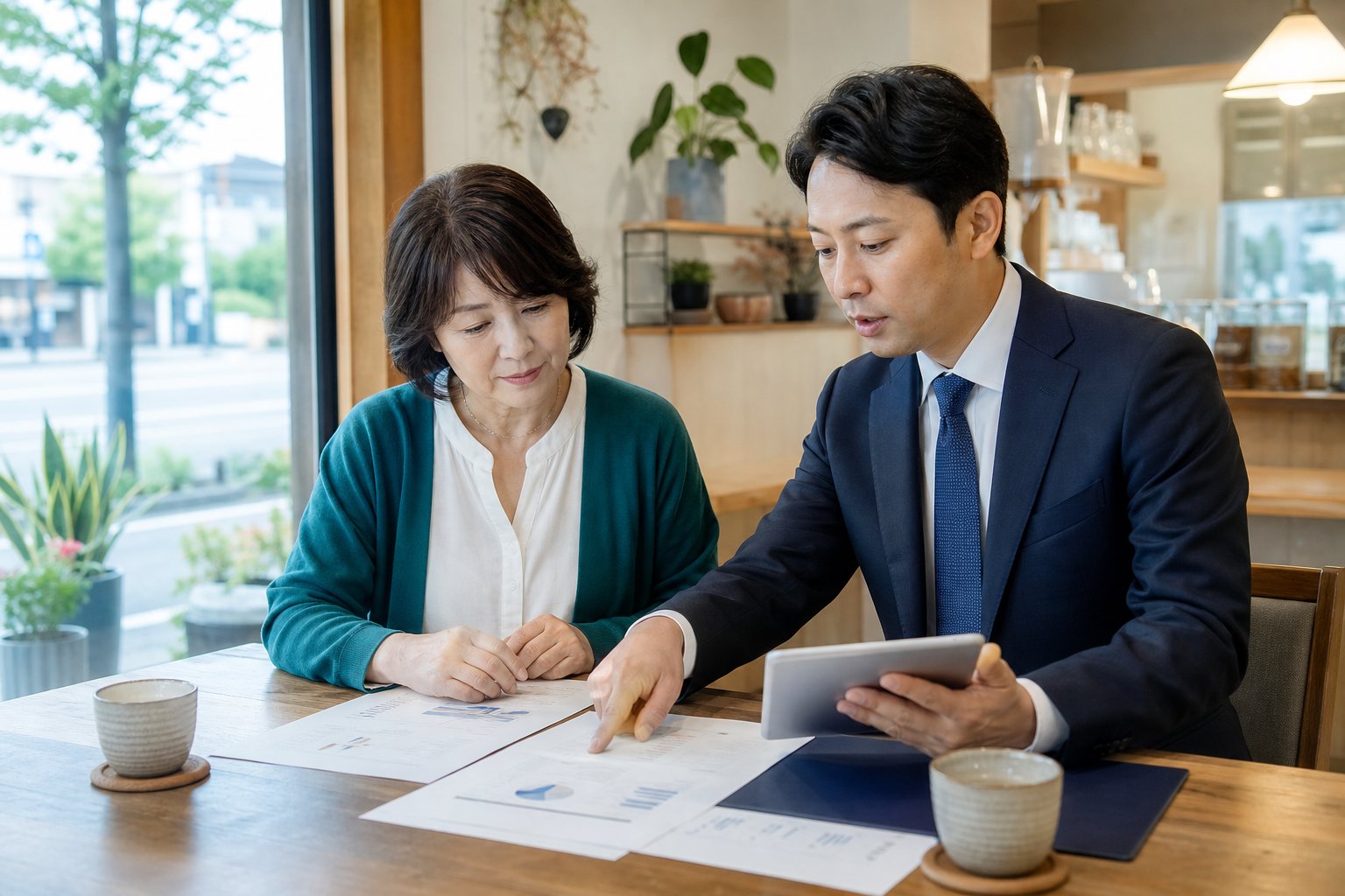 地域店舗の経営者が会社譲渡資料を確認する相談風景