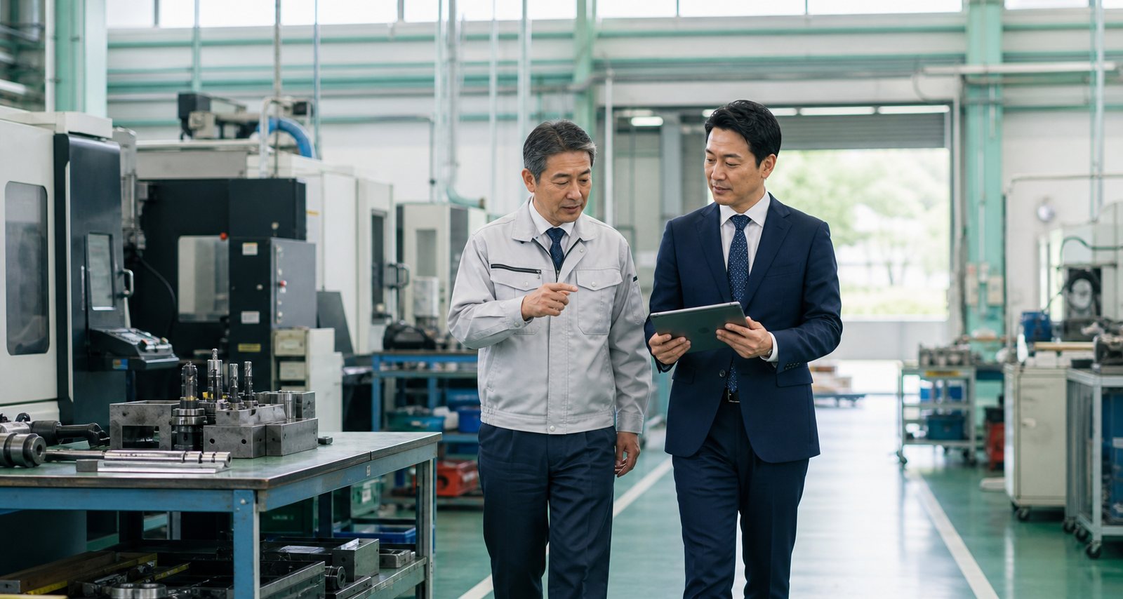 つくば周辺の製造業現場で設備と承継論点を確認する様子